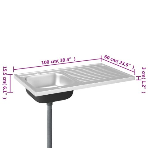 Zlew kuchenny z ociekaczem, srebrny, 1000x600x155 mm, stal Zlew kuchenny z ociekaczem, srebrny, 1000x600x155 mm, stal
