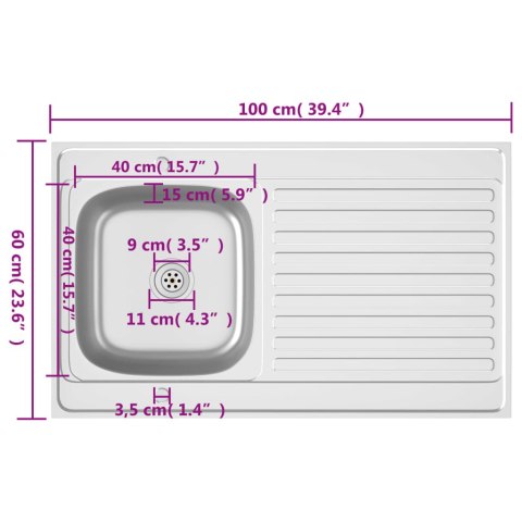 Zlew kuchenny z ociekaczem, srebrny, 1000x600x155 mm, stal Zlew kuchenny z ociekaczem, srebrny, 1000x600x155 mm, stal