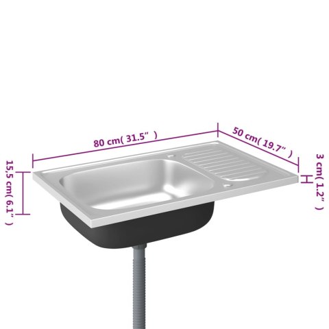 Zlew kuchenny z ociekaczem, srebrny, 800x500x155 mm, stal Zlew kuchenny z ociekaczem, srebrny, 800x500x155 mm, stal