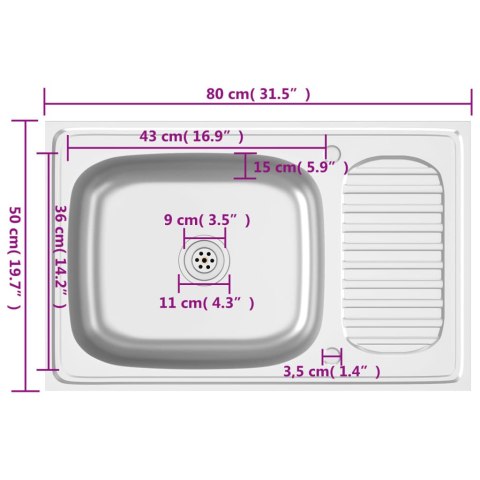 Zlew kuchenny z ociekaczem, srebrny, 800x500x155 mm, stal Zlew kuchenny z ociekaczem, srebrny, 800x500x155 mm, stal