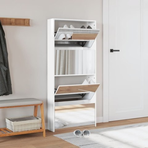 Szafka na buty z lustrem, 4-poziomy, biała, połysk, 63x17x134cm Szafka na buty z lustrem, 4-poziomy, biała, połysk, 63x17x134cm