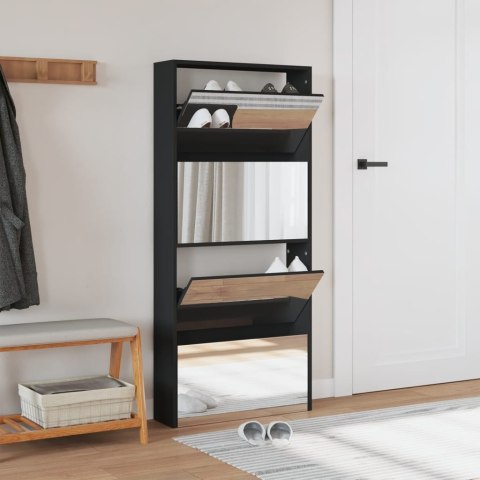 Szafka na buty z lustrem, 4 poziomy, czarna, 63x17x134 cm Szafka na buty z lustrem, 4 poziomy, czarna, 63x17x134 cm
