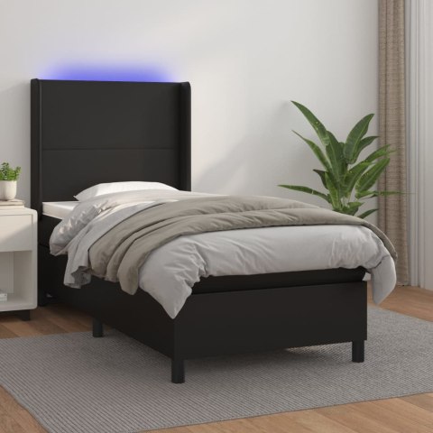  Łóżko kontynentalne z materacem i LED czarna ekoskóra 90x200 cm