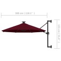 VidaXL Parasol ścienny z LED, na metalowym słupku, 300 cm, burgund