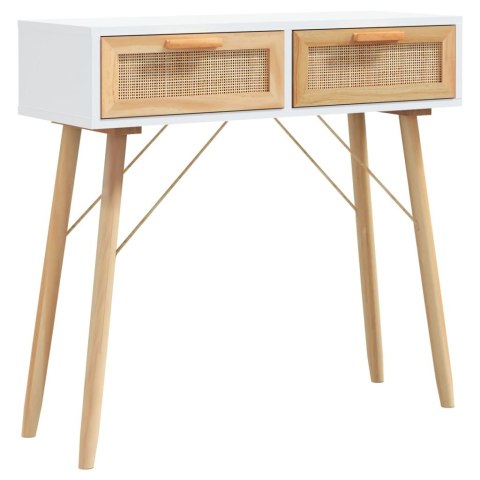 Stolik konsolowy, biały, 80x30x75 cm, lita sosna i rattan Stolik konsolowy, biały, 80x30x75 cm, lita sosna i rattan