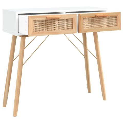 Stolik konsolowy, biały, 80x30x75 cm, lita sosna i rattan Stolik konsolowy, biały, 80x30x75 cm, lita sosna i rattan