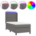 VidaXL Łóżko kontynentalne z materacem i LED, szara ekoskóra 90x200 cm
