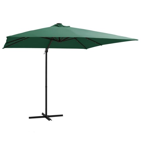  Parasol wiszący z LED i stalowym słupkiem, 250x250 cm, zielony