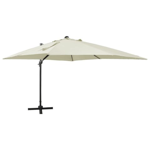  Parasol wiszący z lampkami LED i słupkiem, 300 cm, piaskowy