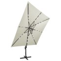  Parasol wiszący z lampkami LED i słupkiem, 300 cm, piaskowy