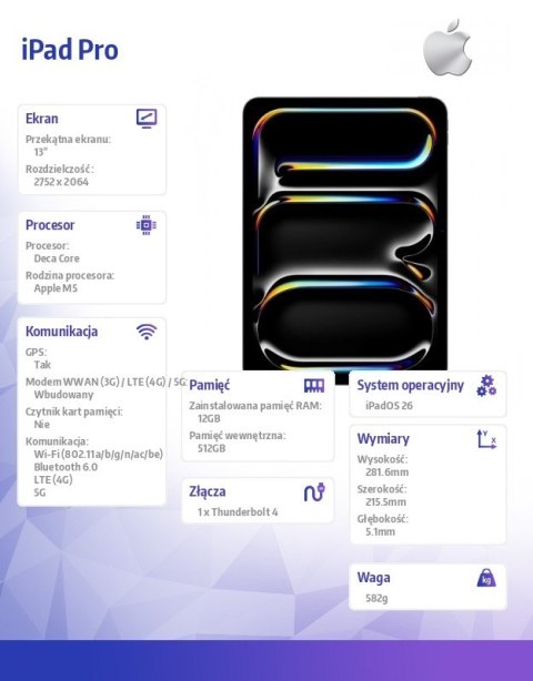 Apple IPad Pro 13-calowy Wi-Fi + Cellular 512 GB ze szkłem standardowym - Gwiezdna czerń