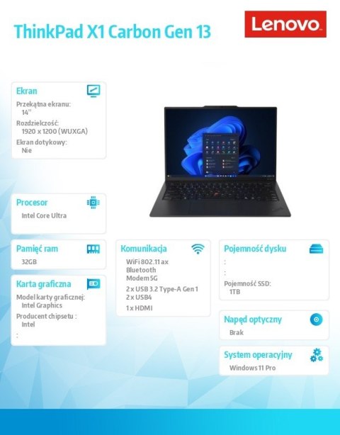 Lenovo Ultrabook ThinkPad X1 Carbon G13 21NX009BPB W11Pro Ultra 7 255U/32GB/1TB/INT/14.0 WUXGA/Black/3YRS Premier Support Plus + CO2 Of