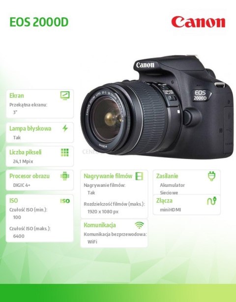 Canon Aparat lustrzanka EOS 2000D czarny + Obiektyw 18-55 IS + Akumulator LP-E10 EU26 2728C010