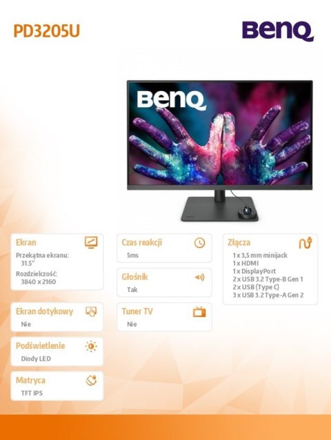 Benq Monitor 32 cale PD3205U LED 5ms/4K/20:1/HDMI/ czarny