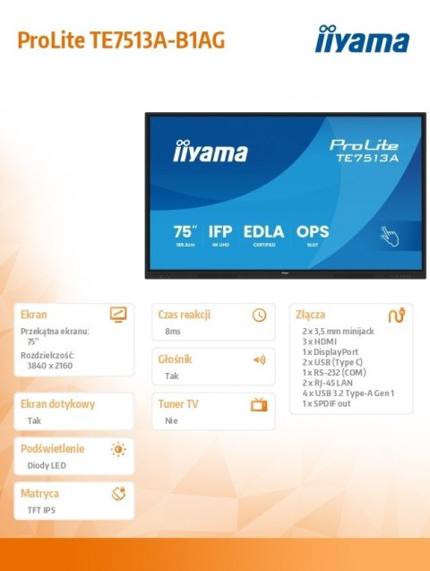 IIYAMA Monitor 75 cali TE7513A-B1AG INFRARED, 40pkt, IPS, 4K, 7H, 450cd/m2, WiFi, USB, ANDROID 14, Google EDLA, 2x20W, uchwyt ścienny