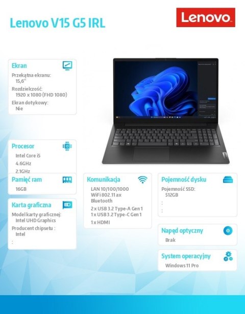 Lenovo Notebook V15 G5 83GW009APB W11Pro i5-13420H/16GB/512GB/INT/15.6 FHD/Business Black/3YRS OS