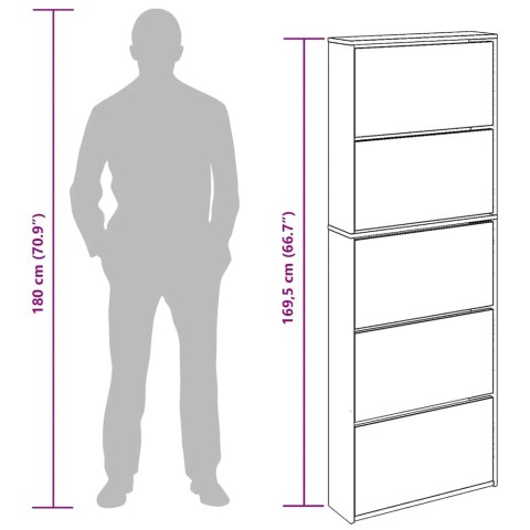 VidaXL Botník s 5 zrkadlovými skrinkami, farba dubu, 63x17x169,5 cm