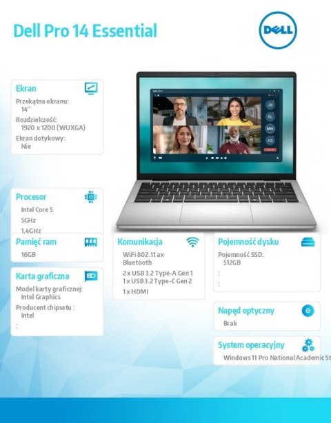 Dell Laptop Dell Pro 14 Essential PV14250 W11P EDU C5 120U/16GB/512GB/Intel Graph/FgrPr/WLAN+BT/14.0/BcklKb/4C/65W/5YRS Alu Platinum 