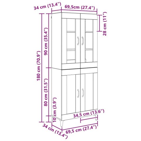 VidaXL Highboard Čierny dub 69,5 x 34 x 180 cm Kompozitné drevo