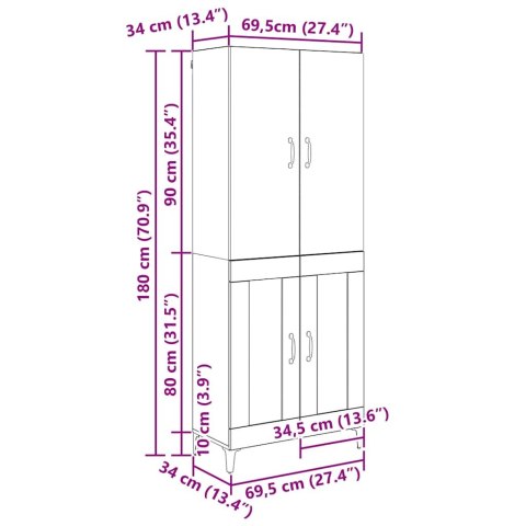 VidaXL Highboard Staré drevo 69,5 x 34 x 180 cm Kompozitné drevo