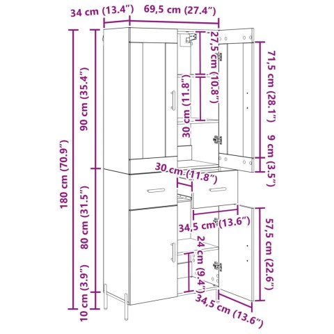 VidaXL Highboard Čierny dub 69,5 x 34 x 180 cm Kompozitné drevo