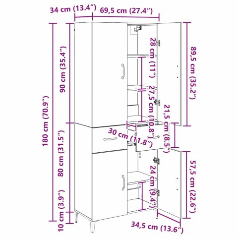 VidaXL Highboard Čierny dub 69,5 x 34 x 180 cm Kompozitné drevo